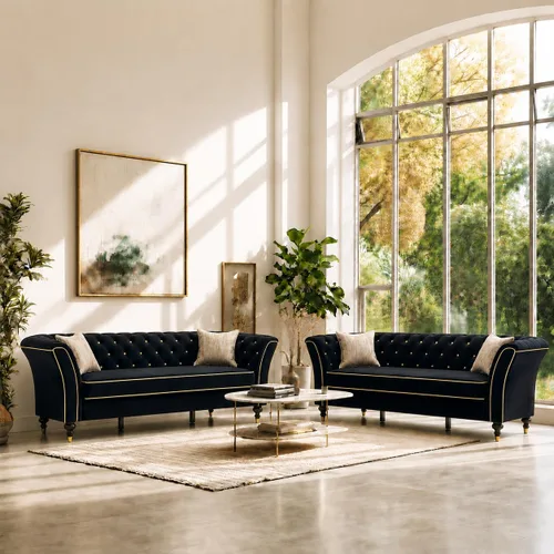Vista 9 de Beige Velvet Chesterfield Sofa Set, 89.5" 3 Seater Couch for Living Room 2pcs Beige