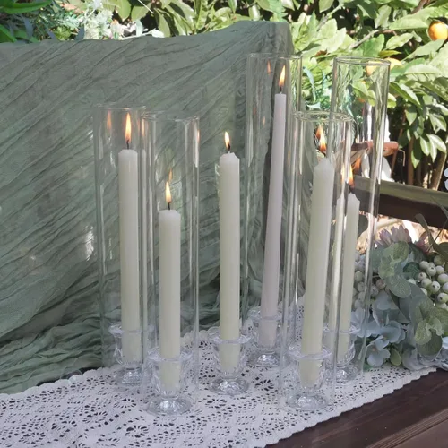 Vista 7 de CHILL RECIPE Portavelas Hurricane de Cristal Transparente Cilíndricos de 12 pulgadas de Alto, Tubo de Chimenea, Portavelas de Cristal Cónico Floral
