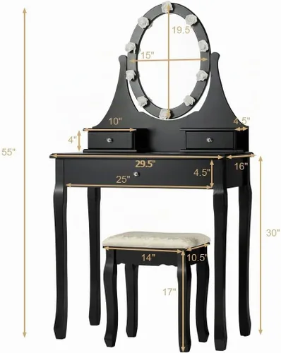 Vista 7 de Giantex Juego de tocador con espejo iluminado, mesa de maquillaje con 10 luces rosadas, escritorio de tocador moderno con taburete acolchado, 3 Negro