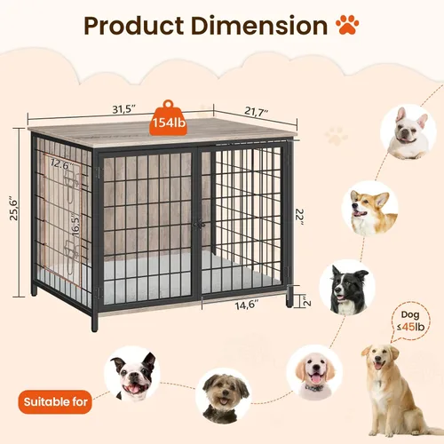 Vista 3 de MAHANCRIS Mueble de jaula para perros con cojín, perrera de madera para perros con puertas dobles, jaula resistente para perros pequeños, medianos