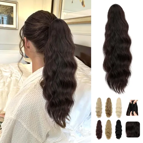 Vista 16 de Extensión de cola de caballo de 18 pulgadas, extensiones de cola de caballo sintéticas de aspecto natural, extensiones de cabello para mujer, rubio