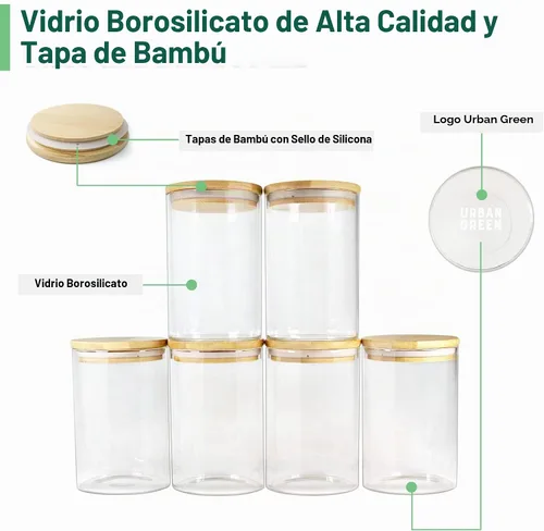Vista 2 de Botes de vidrio Urban Green con tapas herméticas, Botes de vidrio herméticos con tapas con candado, (Bambú-20oz-30oz)