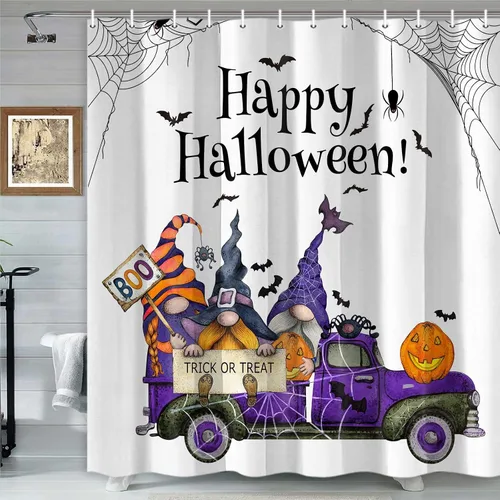 Vista 7 de Divertida cortina de ducha de esqueleto de calavera de Halloween, calabaza, murciélago, araña, decoración de baño, juego de cortinas de tela negra