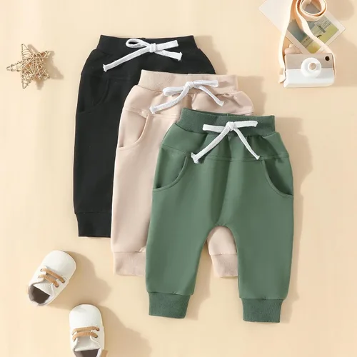 Vista 2 de Paquete de 3 pantalones deportivos para bebés y niños pequeños, pantalones deportivos sólidos de meter, pantalones deportivos para otoño, ropa