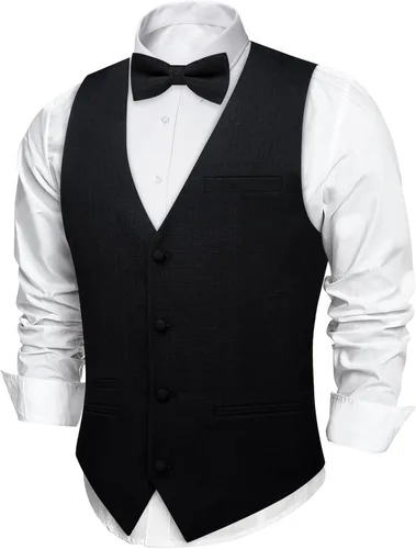 Vista 3 de DiBanGu Conjunto de corbata con cremallera y chaleco de lino para hombre Negro