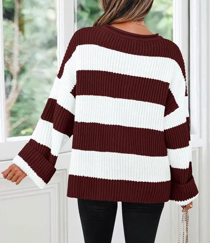 Vista 87 de ZESICA Suéter tejido sin botones de manga larga y cuello redondo, a rayas, bloques de color, cómodo, holgado, talla extragrande para mujer de 2024