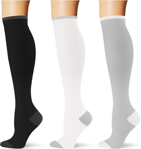 Vista 36 de (3 pares) Calcetines de compresión 20-30 mmHg, calcetines largos hasta la rodilla para mujeres y hombres, soporte atlético, para viajes y uso diario