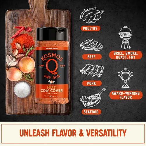 Vista 4 de Kosmos Q Funda de vaca Hot BBQ Rub, regalo del día del padre, condimento picante de bistec y pechuga con chile, ajo, cebolla, pimentón y humo