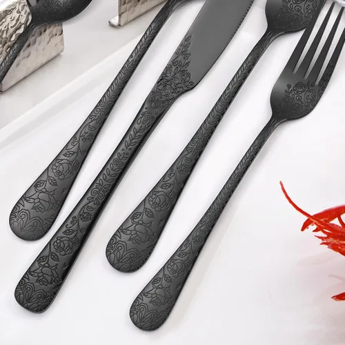Vista 5 de Juego de Cubiertos Florales Negros para 6 Vajilla de Acero Inoxidable 30 Piezas Cubiertos Únicos Utensilios para Comer Vajilla Elegante Tenedor