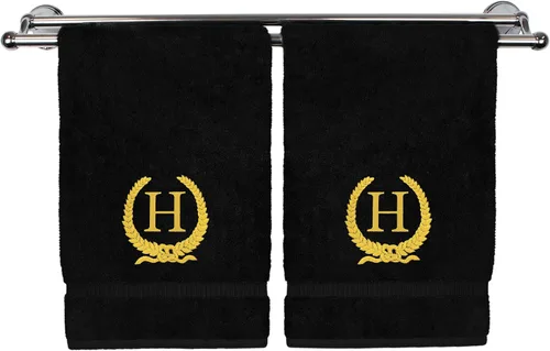 Vista 154 de Toalla de mano con monograma, regalo personalizado, 16 x 30 pulgadas, letra blanca bordada con diseño de corona en toalla negra, extra absorbente