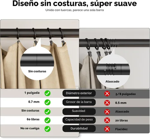 Vista 4 de YaFex Barras de cortina resistentes de 32 a 60 pulgadas, barra de cortina negra ajustable de 1 pulgada para ventanas, barras de tratamiento