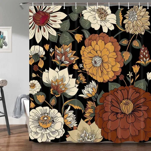 Vista 16 de Torich Cortina de ducha bohemia floral para baño, abstracta de mediados de siglo, decoración bohemia, cortinas de baño, flores botánicas, hojas
