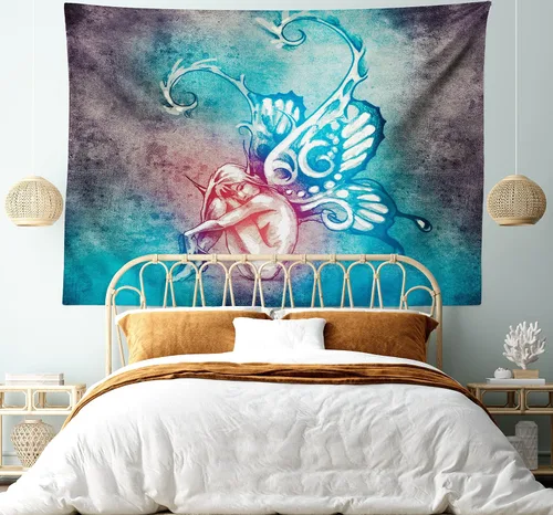 Vista 120 de Ambesonne Tapiz verde, fases lunares alrededor de un árbol de la vida, impresión de diseño bohemio de astrología nocturna, decoración de tela
