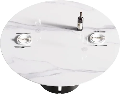 Vista 8 de Mesa de comedor moderna de 59.05 pulgadas para 8, mesa de comedor con piedra sinterizada blanca y base de acero al carbono negro, mesa de cocina
