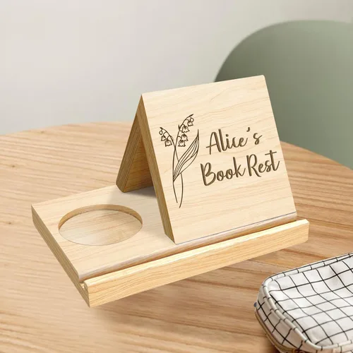Vista 6 de Estantería personalizada con diseño de flor de nacimiento de madera de roble macizo, soporte para libros de madera con texto personalizado, soporte