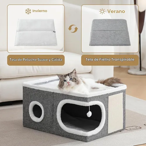 Vista 3 de Casas extra anchas para gatos de interior, cueva grande cubierta Gris