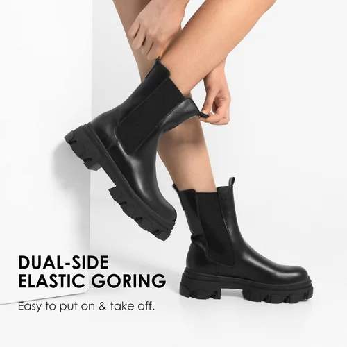 Vista 3 de DREAM PAIRS Botas Chelsea de plataforma para mujer, con suela de lengüeta, de combate, a media pantorrilla, botines gruesos