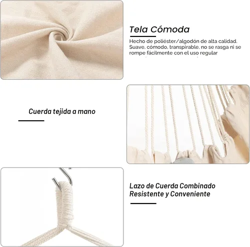 Vista 5 de Silla Hamaca, Asiento de Columpio Colgante de Cuerda con 2 Cojines, Silla Colgante de Macramé con Bolsillo Lateral con Varilla de Metal de Alta