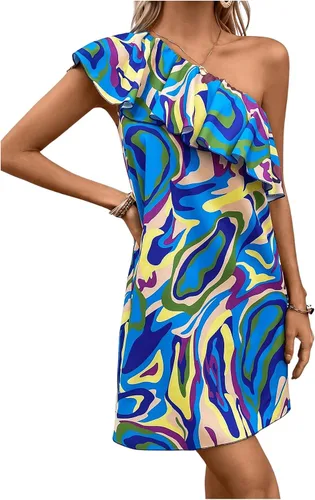 Vista 5 de Floerns Vestido tipo túnica con volantes y escalonado de un hombro para mujer