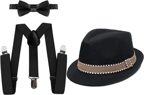 Vista 2 de IZKIZF Disfraz infantil de los años 20, sombrero de gángster Fedora, tirantes en forma de Y, corbatín, boda, fiesta de cumpleaños, Halloween, cosplay