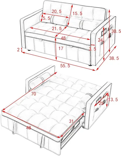 Vista 2 de LKTART Sofá cama convertible, sofá cama 3 en 1, sofá cama con cama extraíble, sofá biplaza con respaldo ajustable y almohadas para sala de estar