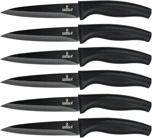Vista 12 de SiliSlick Juego de cuchillos para carne de acero inoxidable, cuchillos de cocina coloridos con revestimiento de titanio con borde recto, suave