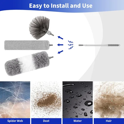 Vista 3 de Plumero de telaraña con poste de extensión de 30 a 100 pulgadas (acero inoxidable), plumero de microfibra para limpieza, plegable y lavable, se