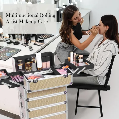 Vista 7 de Estuche de maquillaje profesional con ruedas, estuche de tren de maquillaje 5 en 1, carrito de maquillaje cosmético, estuche de cosmetología