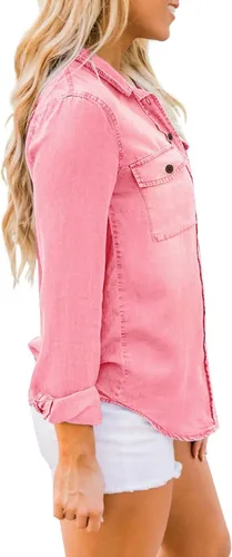 Vista 3 de luvamia Camisa vaquera de chambray para mujer, camisas occidentales de manga larga con botones