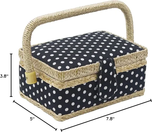 Vista 7 de Cesta de coser con kit de costura. Pequeña caja de costura organizadora con mini kits de costura para niños, principiantes y regalo, Negro