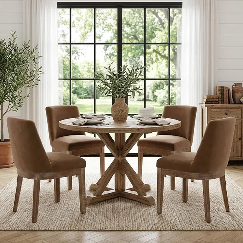 Vista 12 de HNY Juego de 2 sillas de comedor modernas con cómodo soporte de espalda, sillas de comedor tapizadas de lino suave con patas de madera maciza