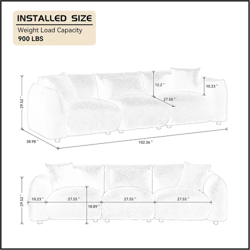 Vista 2 de WILLIAMSPACE Sofá seccional de 102.36 pulgadas para sala de estar, sofá moderno tapizado con respaldo de nube Boucle con 3 almohadas, sofá boucle