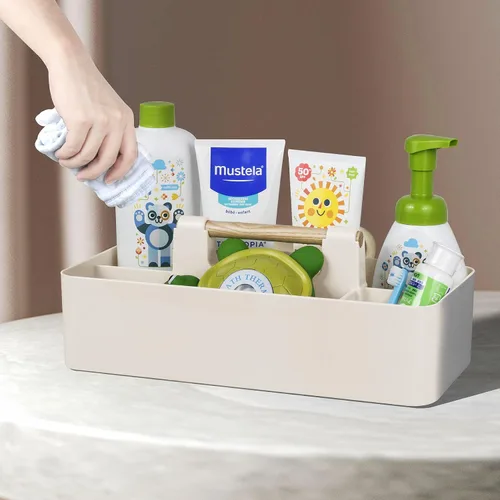 Vista 4 de Organizador de plástico para baby shower, organizador portátil de almacenamiento para niños/niños, cesta dividida con mango de madera para baño