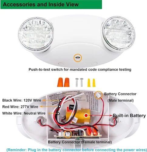 Vista 4 de Accesorios de iluminación LED de emergencia con 2 cabezales LED de ojo de insectos y baterías de respaldo, luz de salida estándar de EE. UU.