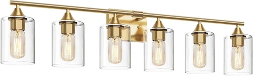 Vista 13 de Luces de Tocador Doradas para Baño, Accesorios de Iluminación de Baño de 2 Luces, Aplique de Pared de Latón Cepillado Dorado, Lámpara de Pared