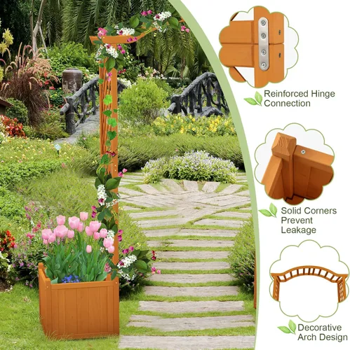 Vista 6 de Giantex Pérgola de Jardín con Maceta, Arco de Plantador de Madera con Enrejado, Arco Exterior para Plantas Trepadoras, Vegetales, Hierbas, Blanco