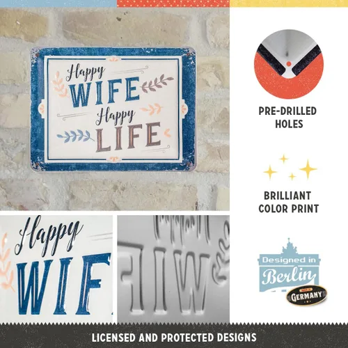 Vista 3 de Nostalgic-Art Cartel de hojalata retro – Happy Wife Happy Life – Idea de regalo para los fanáticos de la nostalgia, placa de metal, diseño vintage