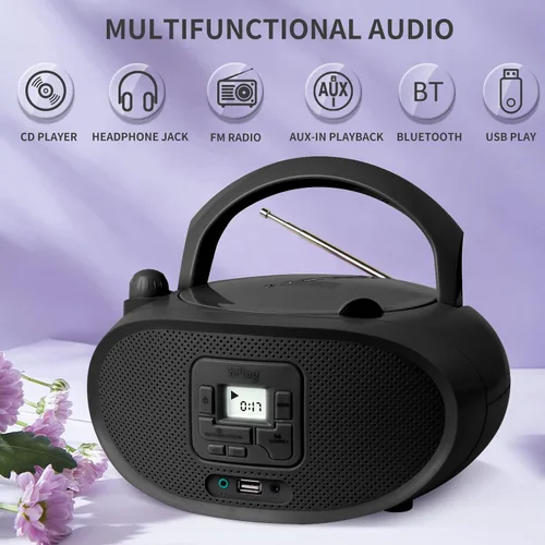 Vista 3 de hPlay Gummy GC04B - Reproductor de CD portátil con afinación digital, radio estéreo FM, reproductor de CD para niños, pantalla LCD USB Bluetooth