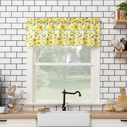 Vista 7 de No. 918 Sunbeam, cortina de cocina con diseño de girasoles y cenefas, semitransparentes, con bolsillo para barra, set con volantes y niveles, 54 x
