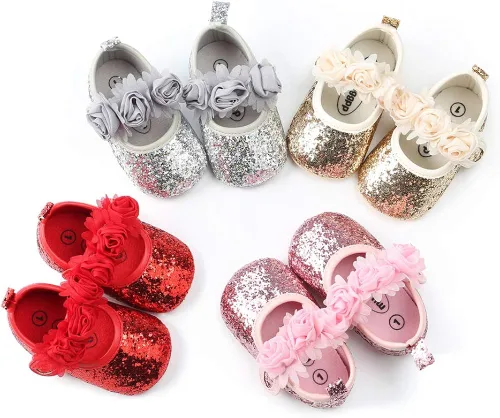 Vista 2 de Mary Jane - Zapatos planos con diadema con lazo, vestido de princesa floral para bebés, zapatos de cuna con suela suave, antideslizantes para niños