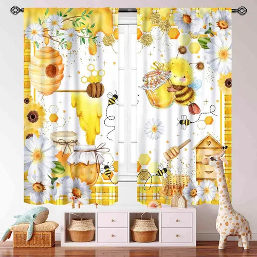 Vista 5 de Cortinas infantiles de abejas, cortinas de campo de primavera de acuarela de girasoles florales de nido de abeja, adorables abejas, cortinas