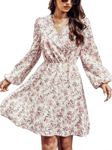 Vista 12 de CUPSHE Mini vestido floral con volantes, manga campesina, vestido de otoño, casual, vacaciones Negro