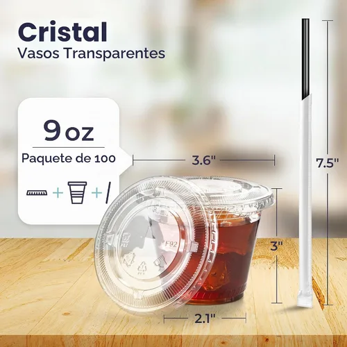 Vista 2 de Fit Meal Prep Paquete de 100 Vasos de Plástico para Café Helado de 9 oz con Tapas Planas y Pajitas Negras, Vaso Transparente Desechable, Vaso Libre