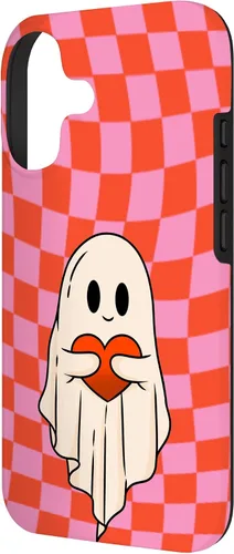 Vista 2 de Funda para iPhone 17 de San Valentín Retro Ghost Hugging Heart Checkerboard Rosa Rojo