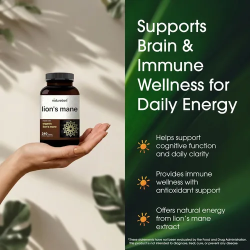 Vista 4 de NatureBell Melena de león - 240 cápsulas - Cuerpo fructífero orgánico y micelio - Soporte cerebral, inmunológico y energético* - Extracto de alta