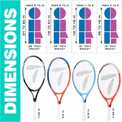 Vista 4 de Teloon Raqueta de tenis para niños, raqueta de tenis juvenil de 19 a 25 pulgadas con cubierta, raqueta de tenis junior para niños y niñas de 3 a 12