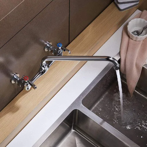 Vista 8 de modelo 4353 - Grifo de montaje en pared, grifo de cocina con boquilla giratoria de 8 pulgadas, cuello de cisne de 8 pulgadas, centro de 2 asas