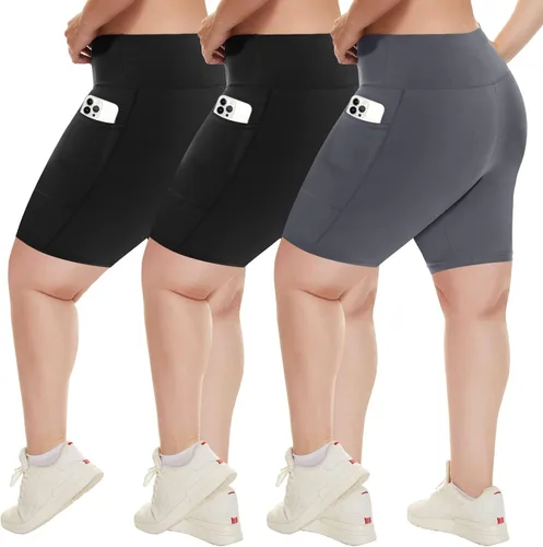 Vista 6 de HLTPRO 3 Pack Plus Size Biker Shorts for Women, Pocket & No-Pocket Options Negro/Beige Rosa/ Gris