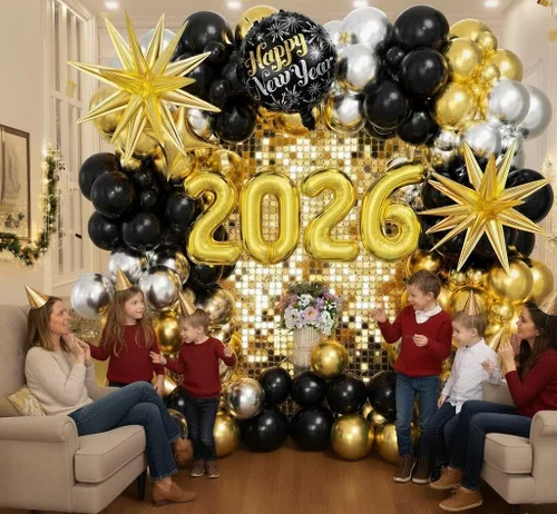 Vista 4 de Kit de arco de guirnalda de globos plateados negros y dorados, globos de diferentes tamaños, globos negros metálicos dorados metálicos y plateados