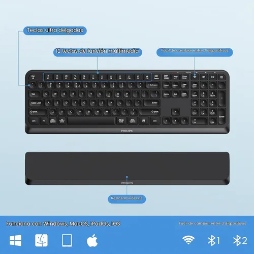 Vista 6 de Philips SPT6607 - Combo de teclado y mouse inalámbricos Bluetooth de 2.4 GHz, diseño ergonómico con reposamanos, conectividad de 3 dispositivos